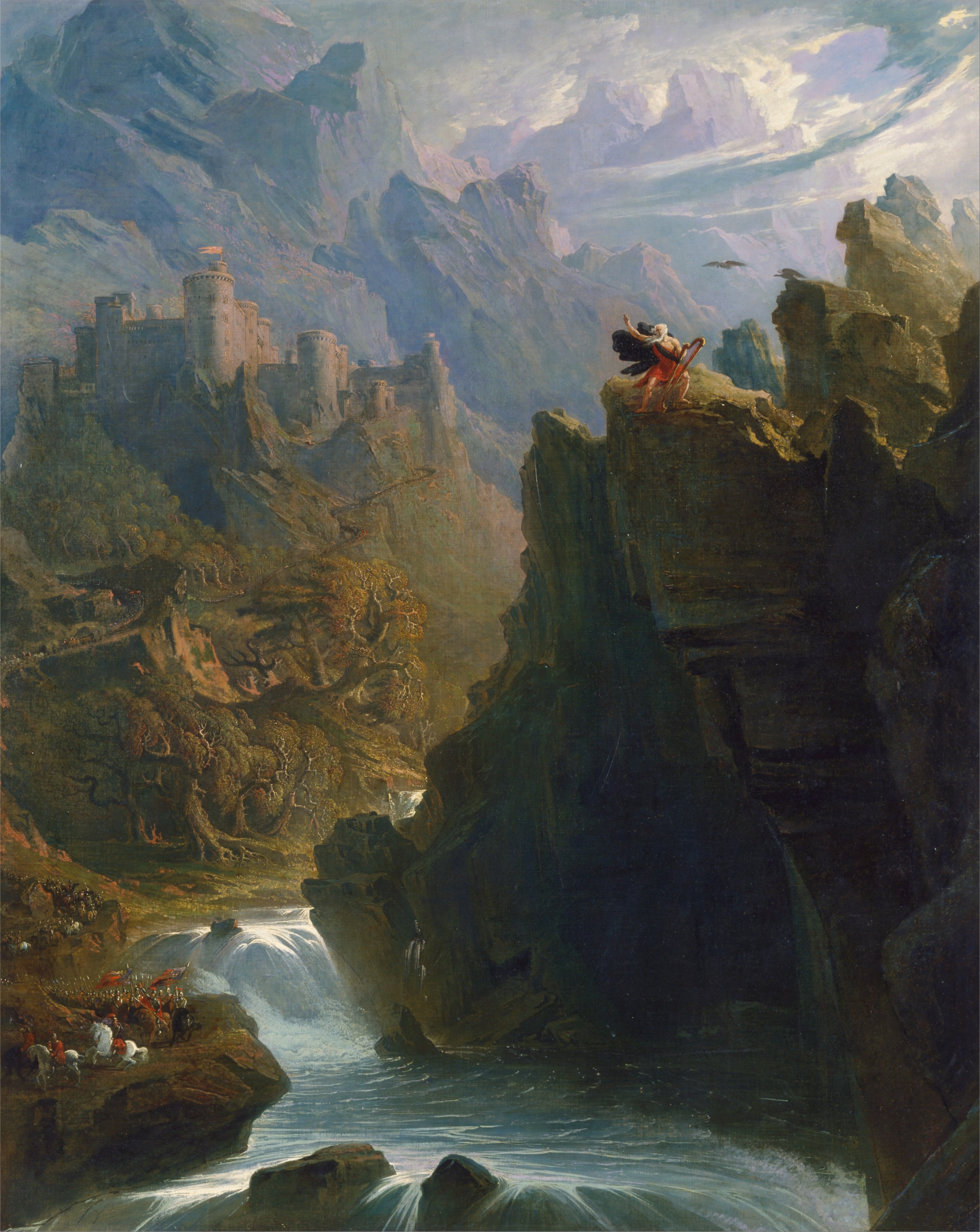 A robed figure atop a wild mountain crag above a river gorge — John Martin, The Bard